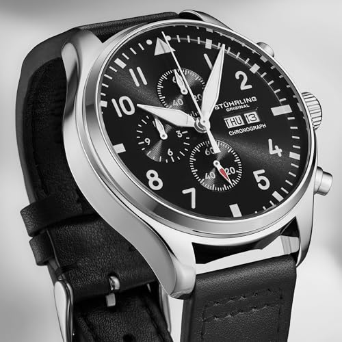 Stuhrling Original Navigator Chrono 4075 Men’s Pilot Chronograph – 43mm Case, Sunray Dial, Luminous Markers, Quartz, Mineral Crystal, Leather Strap, 50M Water Resistant