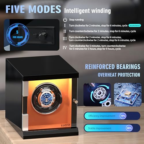 VANTENT Watch Winder for Automatic Watches with LED Lighting，Shining Finishing and Quiet Motor/1 Watch Position/Brown