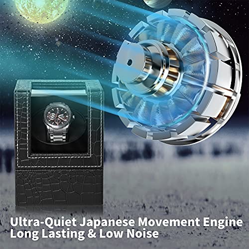 Efaithtek Automatic Single Watch Winder in Black Crocodile Pattern Leather with Japanese Quiet Motor，AC Adapter or Battery Powered