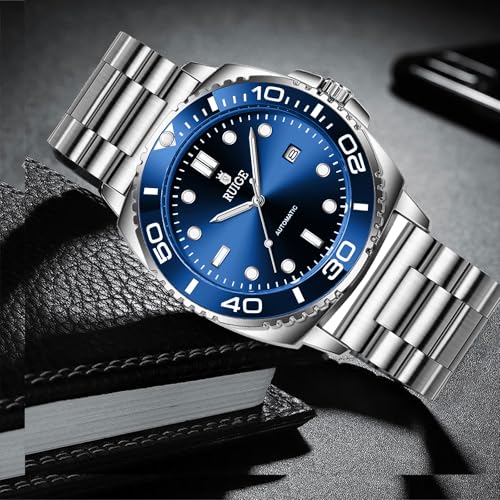 RUIGE new Men's Fully Automatic Mechanical Watch Stainless Steel Calendar Men's Rotating Bezel Fashion Trend Night Light Waterproof Watch A8-2 (Blue)