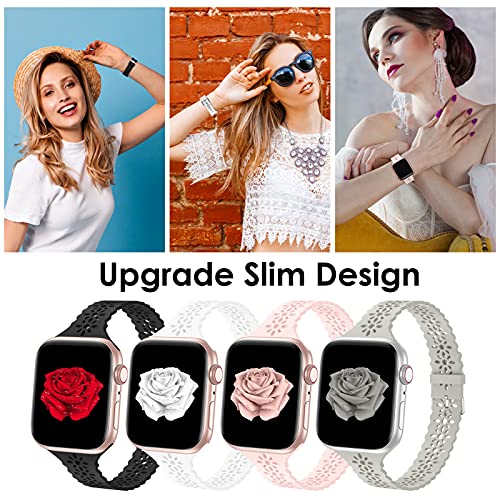 Bandiction 4 Pack Lace Silicone Bands Compatible with Apple Watch Bands 38mm 40mm 41mm 42mm 44mm 45mm 46mm 49mm, Women Slim Thin Hollow-out Wristband for iWatch Series 11 10 9 Ultra 8 SE 7 6 5 4 3 2 1
