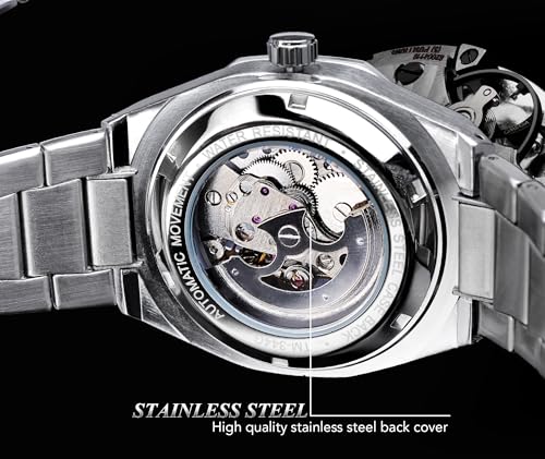 FORSINING Automatic Watch Mechanical Wrist Watch for Men Octagonal Waterproof Skeleton Watches Luxury Diamond Tourbillon Silver Stainless Steel Band