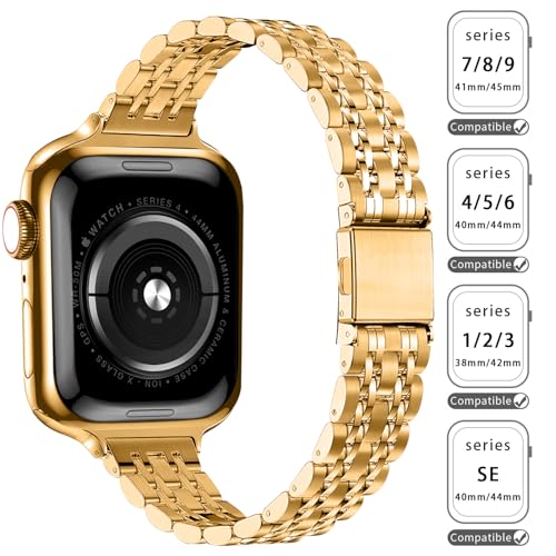 QUNDAXI Slim Watch Band Compatible with Apple Watch 41mm 45mm 42mm 44mm 40mm 38mm Metal Stainless Steel Watchband Suitable for iWatch 9/8/7/6/5/4/3/2/1/SE Series Women Luxury Strap (38mm 40mm 41mm)