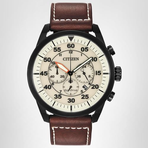 CITIZEN Men's Eco-Drive Chronograph Sport Casual, Brown Leather Strap, Beige Dial, Chronograph, Date (Model: CA4215-04W)