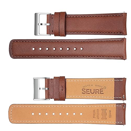 SEURE Quick Release Watch Band,Top Genuine Leather Watch Straps 19mm 20mm 21mm 22mm 24mm for Men and Women (20mm, Dark brown-Silver)