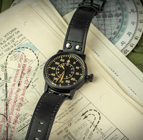 WARTIME | WW2 Military Watch Luftwaffe Black Edition – Vintage Pilot Watch with Swiss-Made Movement, Gun Black Steel Case, Superluminova Hands, Genuine Leather & two Straps, 10 ATM Water Resistant – WWII Collector’s Ammunition Box