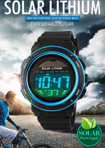 MASTOP Multi Function Solar Power Watch LED Sport Watches Digital Waterproof Chronograph Wrist Watch (Blue)