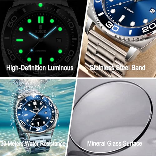 RUIGE new Men's Fully Automatic Mechanical Watch Stainless Steel Calendar Men's Rotating Bezel Fashion Trend Night Light Waterproof Watch A8-2 (Blue)