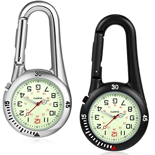 Hicarer 2 Pieces Clip on Quartz Watch Backpack Fob Belt Glow in The Dark Unisex Pocket Watch with White Dial for Doctors Nurses Outdoor Activities(Black, Silver)