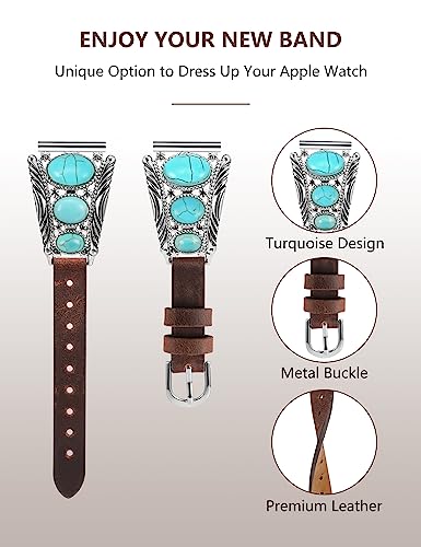 Minyee Leather Band Compatible with Samsung Galaxy Watch 7/6/5/4/FE/Active 2 40mm 44mm/Watch 6 Classic 43mm 47mm/Watch 5 Pro 45mm Band Women, Western Turquoise Boho Vintage Jewelry 20mm Watch Strap