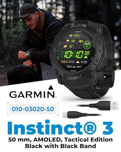 Wearable4U Garmin Instinct 3 Tactical Edition, AMOLED Display, 50mm, Rugged Outdoor GPS Smartwatch, Applied Ballistics Support, LED Flashlight, Multi-Band GPS, 10 ATM PowerBank Bundle