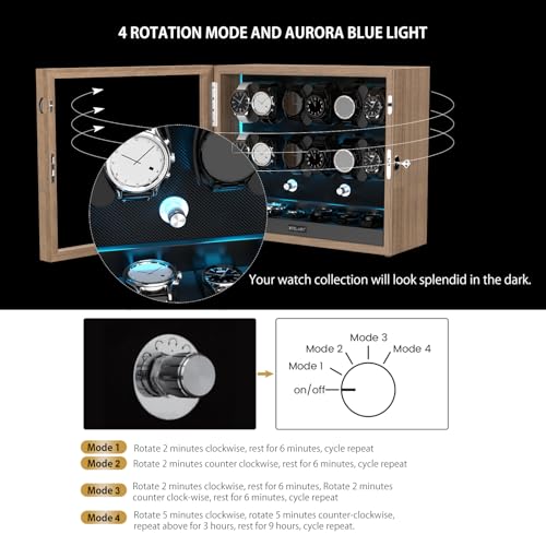 XTELARY Watch Winder for 12 Automatic Watches, Wood Color Lockable Automatic Winders with Extra 6 Watch Storages, 4 Rotation Modes, Flexible Watch Pillows, Quiet Mabuchi Motor, and Blue Backlight