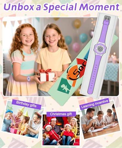 SOCICO Kids Digital Watches for Girls Boys, 7 Color Lights, 5 ATM Waterproof Watches for Kid with Alarm Stopwatch, Soft Band Wrist Watch for Kids Ages 5-12 (Purple)