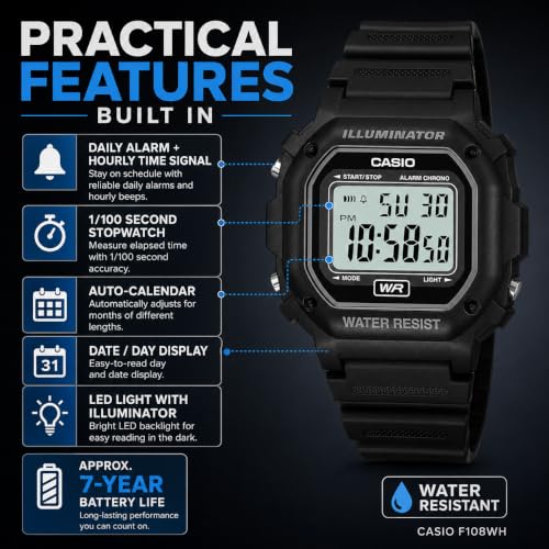 Casio Men's F108WH Illuminator Collection Black Resin Strap Digital Watch