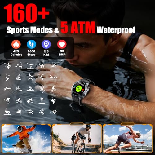 Military Smart Watch for Men Built-in GPS with LED Flashlight Compass, 1.43" AMOLED Display 5ATM Waterproof Fitness Tracker with Heart Rate/Sleep/Blood Oxygen, Watches for Android/iPhone, Black