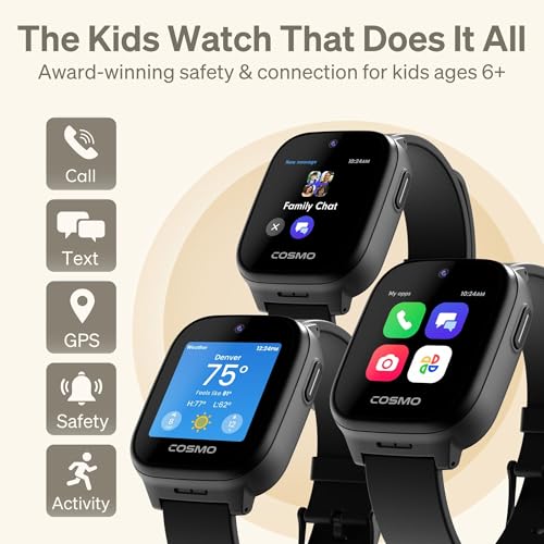 JrTrack 5 Kids Smart Watch by Cosmo | Best Kid-Safe Phone Watch | Precision Real-Time GPS Tracking | Call, Text, Activity, School Settings | Spotify Music | Parental Controls | SOS & Safety Alerts