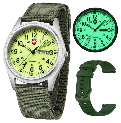 Gosasa Unisex Military Watches Sport Textile Nylon Strap Luminous Fashion Watch Analog Display Quartz Waterproof Casual Wristwatch (Green Luminous)