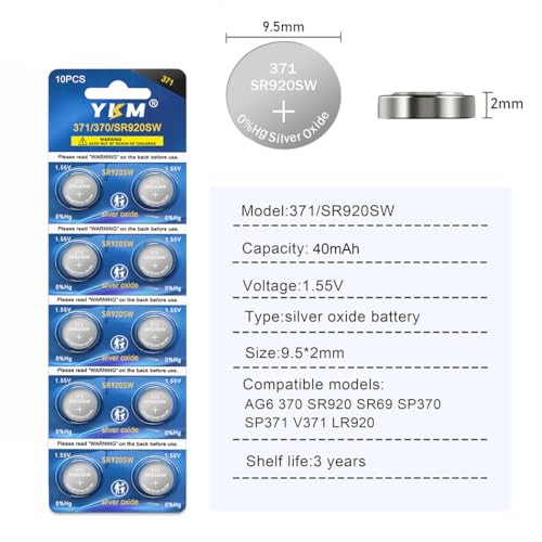 YKM 10 Pack SR920SW 371 Watch Batteries 1.55V Silver Oxide Button Cells