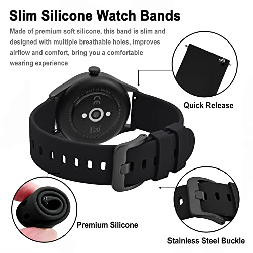 BISONSTRAP Silicone Watch Bands, Slim Watch Straps with Quick Release, 22mm, Black with Black Buckle
