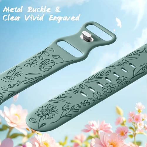 6 Pack Floral Engraved Bands Compatible with Apple Watch Bands 44mm for Women 40mm 41mm 45mm 49mm, Adjustable Comfortable Soft Silicone for iWatch Bands 38mm Womens Series
