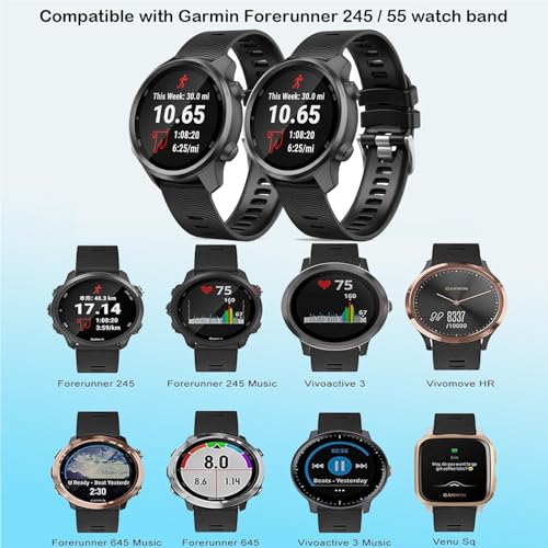2 Pack Waterproof Bands Compatible with Garmin Forerunner 245/55 Watch Band, 20mm Replacement Strap for Forerunner 245 Music Watch Bands (black/balck)