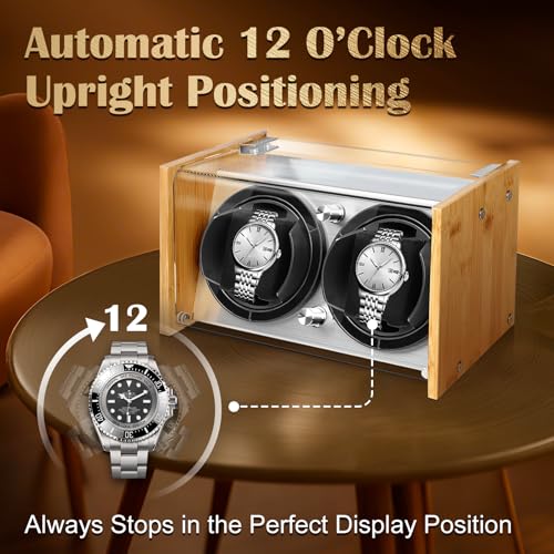 Watch Winder Smith Quiet Bamboo Watch Winder 2 for Automatic Watches, Vertical Rest Timer Function for Easy Glance