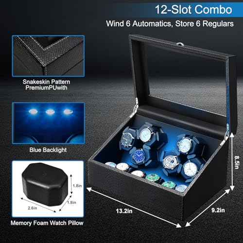 J&T Technology Watch Winder for Automatic Watches,Automatic Watch Winder with LED Light,6 Watch Winder + 6 Storage Case with Quiet Motor for Man/Woman's Watches(PU Snake Skin)