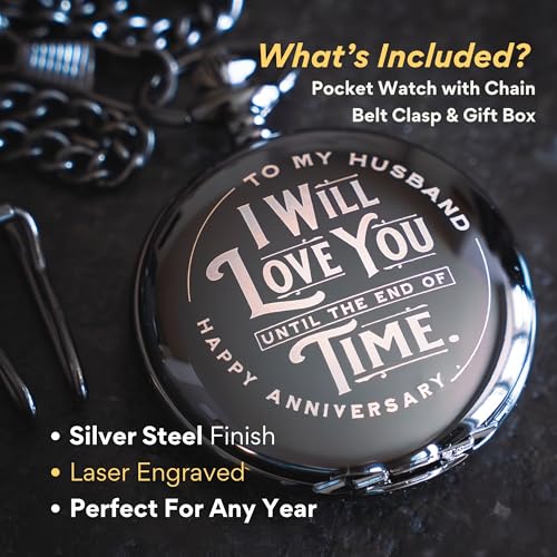 Red Dot Laser Engraving Anniversary Pocket Watch for Husband - Engraved Silver Stainless Steel - Meaningful Keepsake - Boxed and Ready to Give