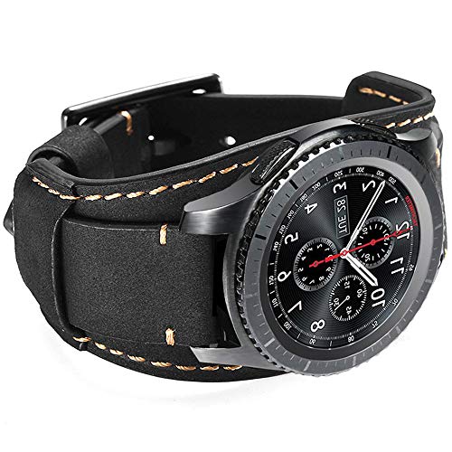 Hepsun Compatible with Samsung Galaxy Watch 7/6/5/4/Watch 42mm/Watch 3 41mm/Active 40mm/Active 2/Gear S2 Classic/Sport /Fossil Q Gazer/Ticwatch 2/Garmin Vivoactive 3 Bands, 20mm Vintage Cuff Genuine Leather Band Strap for Men Women (Black)