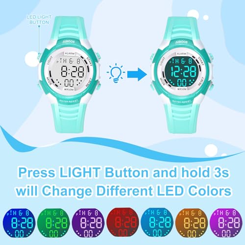 Juboos Kids Digital Watch with 7 Color LED Lights,Waterproof Running Sports Watches with Stopwatch,Alarm,Easy-to-Read Outdoor Children's Wristwatch for Boys Girls Ages 4-12
