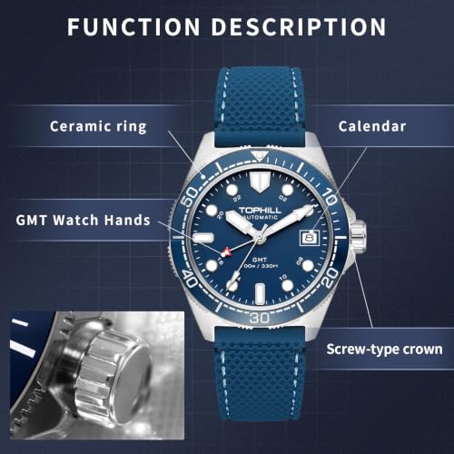 TOPHILL Mens Watches GMT Automatic Dive Watch|39.5mm 316L Steel Dive Watch|NH34 Movement|Sapphire Crystal|Ceramic Bezel|10ATM Water Resistant|BGW9 Luminous Rubber Strap Watch for Men (TD011G.G1358-02)