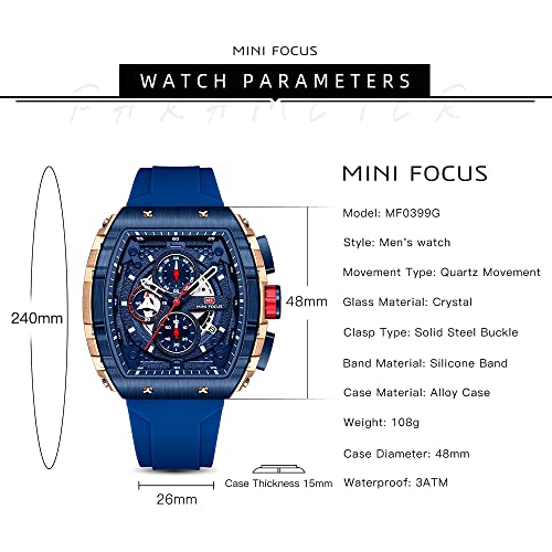 MF MINI FOCUS Men's Watch Fashion Tonneau Wrist Watches (Chronograph/Waterproof/Luminous/Calendar) Silicon Strap Quartz Watches for Men (Black & Golden)