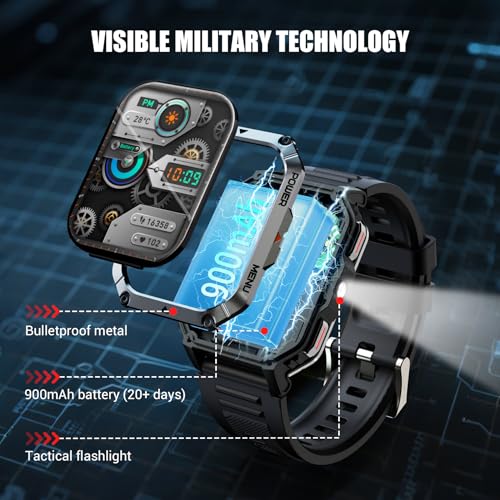 Military Tactical Smart Watches for Men, 100-Day Battery Rugged Fitness Watch with Compass & Flashlight, Sports Watch for Android with 2.01" HD Display AI Voice, IP68 Waterproof Smartwatch (Black)