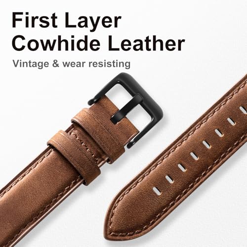 Leather Strap Compatible with Samsung Galaxy Watch 7 6 5 4 Band/Galaxy Watch 5 Pro Bands/6 4 Classic Band, 20mm Top Grain Brown Genuine Leather Wristband for Samsung Watch Bands 44mm 40mm Men Women