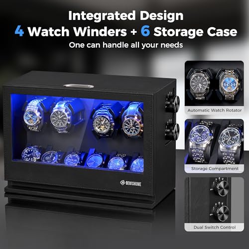 BEWISHOME Watch Winders for Automatic Watches, 4 Watch Winder and 6 Watch Display Case with Led Light 4 Modes, Automatic Watch Winder Box with Japanese Quiet Motor USB-C Adapter, Black SYQ04B