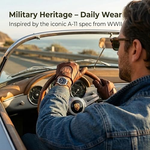 PRAESIDUS A-11 Military Watch | Automatic WW2 Field Watch for Men | 42mm Stainless Steel Case with Black Dial & Brown Nylon Strap and 100M Water Resistance, Assembled in USA