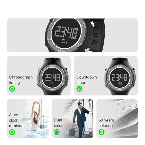 EZON Digital Watch with Stopwatch Countdown Timer Alarm EL Backlight,Ultra-Thin Large Display 5ATM Waterproof Digital Wrist Watches for Men Women