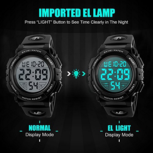 SKMEI Large Face Digital Watch Men’s Sports Waterproof LED Military Wristwatches Chronograph Alarm Clock (Black)
