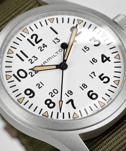 Hamilton Khaki Field Mechanical Men's Watch, 42mm Stainless Steel Case, Swiss Made, White Dial Analog Wrist Watch for Men, 50m Waterproof, Sapphire Crystal, Textile Strap