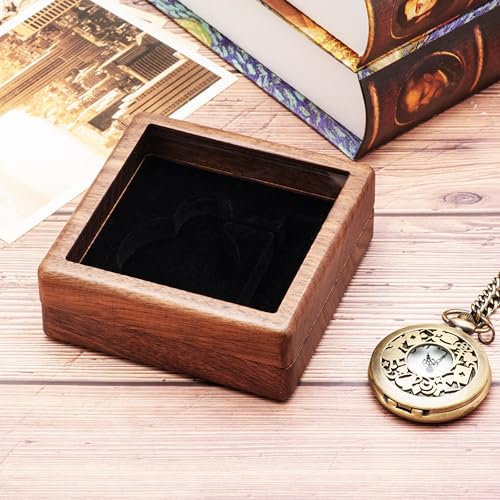 COSISO Walnut Wood Pocket Watch Box with Clear Acrylic Lid Portable Single Pocket Watch Display Storage Travel Case Organizer for Men Women (Contain Chain Clamp Slot)