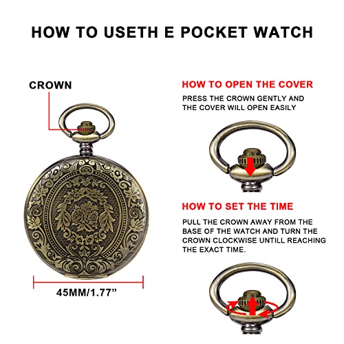 Realpoo Bronze Large Decorative Flower Pattern Pocket Watch White Roman Numeral Scale Quartz Pocket Watches for Men with Chain