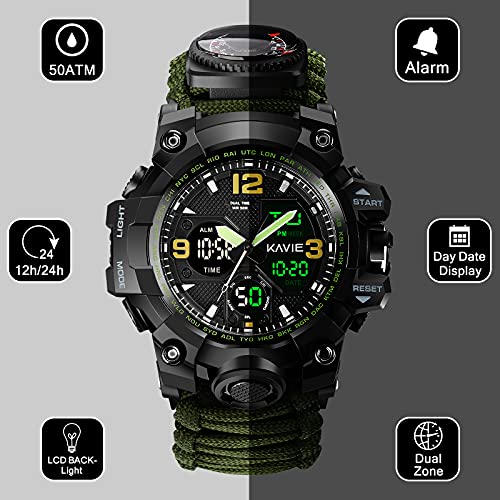 23-in-1 Survival Military Digital Watch, Mens Tactical Multi-Functional and Adjustable Wristband Outdoors Waterproof Army Green Sports Watches with Compass Paracord Band