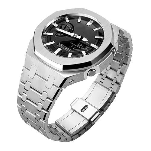GA2100 Stainless Steel Watch Band Case Mod Kit, Smooth Bezel without Nails Metal Strap Accessories Compatible with Casio Mens G-Shock GA2100/GA-2110 Watches (Silver)