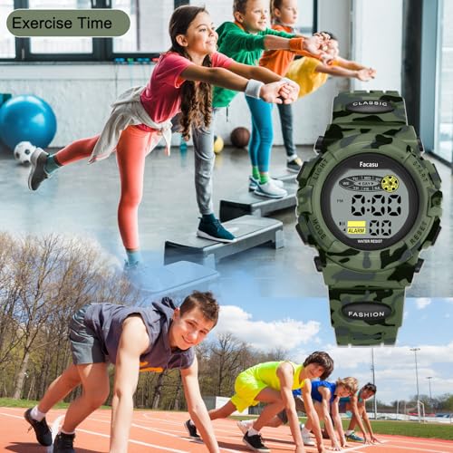 Facasu Camo Sports Watch for Boys-Waterproof Kids Digital Watch with Colorful Light, Alarm&Snooze,Stopwatch Military Design Silicone Band Gift for Birthdays,Christmas(8+ Years)