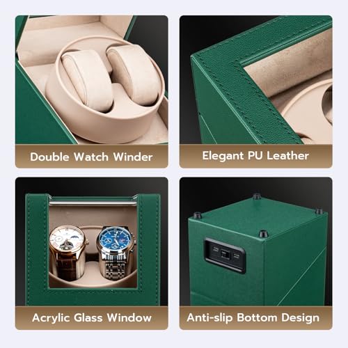 Mcbazel Watch Winder for Automatic Watches, Double Automatic Watch Winder Box, Automatic Watch Display Storage Rotation Wristwatch Box with 2 Slots (Green PU Leather)