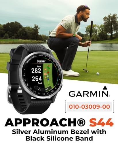 Garmin Approach S44 Golf GPS Smartwatch Silver Aluminum Bezel with Black Silicone Band with Wearable4U Power Bank Bundle