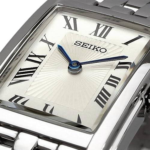 Seiko SWR083 Rectangular Watch - Essentials Collection - Roman Numeral Dial, Blue Hands, Stainless Steel Bracelet, and 50m Water Resistance