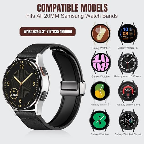 Charlam Magnetic Leather Bands Compatible with Samsung Galaxy Watch 7 Band 6 5 4 FE Active 2 40mm 44mm/Watch 6/4 Classic/Watch 5 Pro/3, 20mm Genuine Leather Straps for Samsung Watch Bands Men Women
