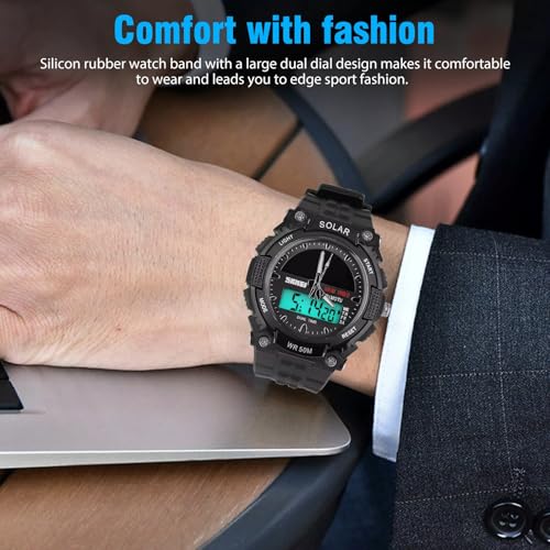 MASTOP Solar Energy Watch led Luminous Indication 2 Time Zone 50m Waterproof Watch(Silver)