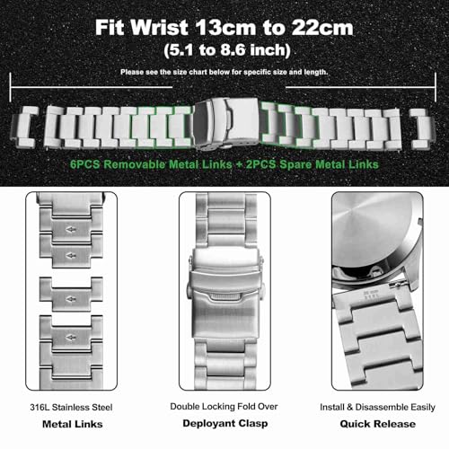 WOCCI 20mm Heavy-duty Metal Watch Band for Men, 316L Stainless Steel, Double Locking Deployant Clasp (Silver)